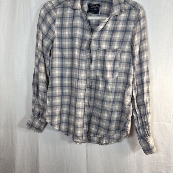 Abercrombie & Fitch Tan & Blue Plaid Button Up Shirt Women’s Size SMALL Preowned - Picture 3 of 16